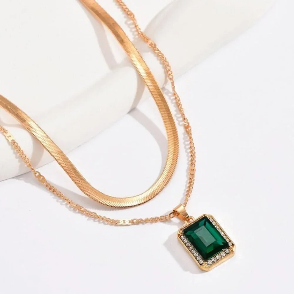 Gold Emerald-Cut Green Pendant & Herringbone Choker Necklace Set 18K Gold Filled